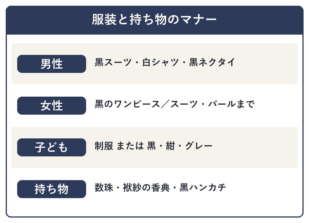 お通夜・告別式の服装と持ち物のマナー(男性・女性・子ども)