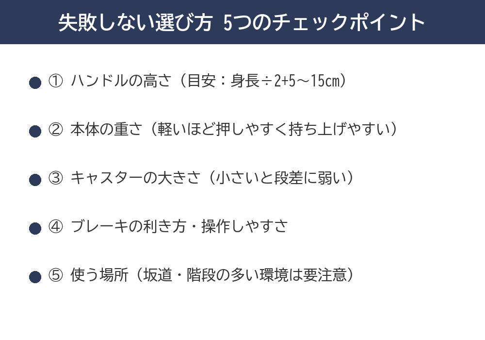 シルバーカー選び方チェックポイントの図解
