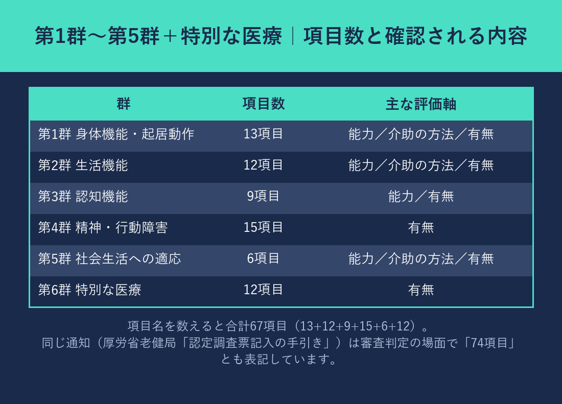 第1群から第5群と特別な医療の項目数と評価軸