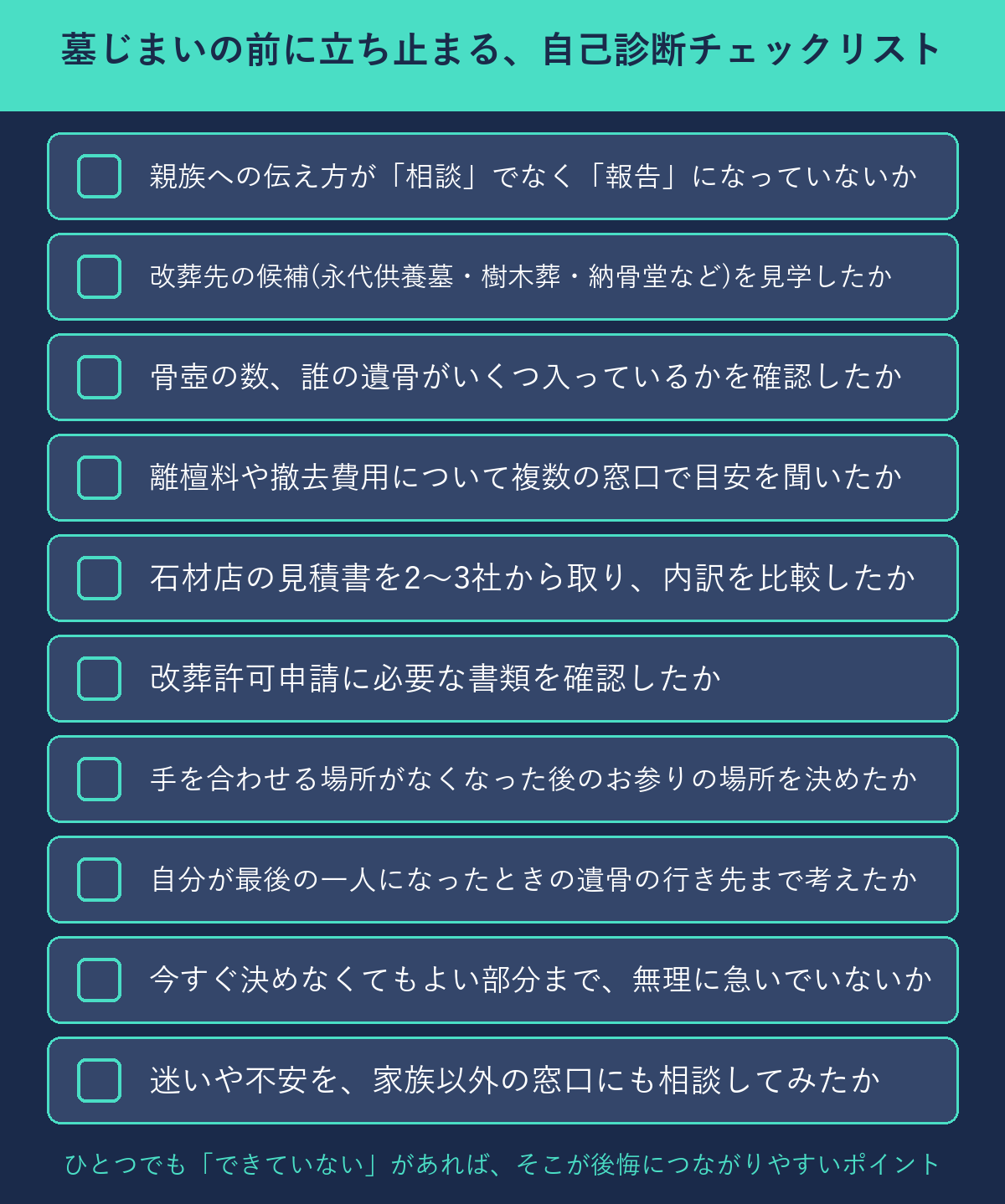 墓じまいの前に立ち止まって確認する自己診断チェックリスト、10項目